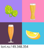 Four Beer Symbol Pictures Vector Illustration. Four beer symbol pictures vector illustration on pink, light-blue and light-purple backgrounds showing green hob, lemon and two glasses of drinks. Стоковая иллюстрация, агентство Ingram Publishing / Фотобанк Лори