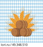 Vector Illustration of Beer Barrels at Octoberfest. Vector illustration representing three beer barrels of different types and ear of wheat on checkered background. Unofficial symbol of october festival. Стоковая иллюстрация, агентство Ingram Publishing / Фотобанк Лори