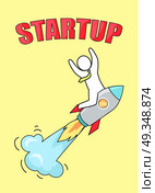 Startup Man on Launched Rocket Vector Illustration. Startup man with tie sitting on launched rocket with window and flames with smoke and raising his hands vector illustration isolated on yellow. Стоковая иллюстрация, агентство Ingram Publishing / Фотобанк Лори