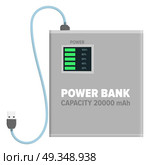 Power Bank For Charging Isolated Illustration. Power bank with capacity of 20000 mAh isolated on white background. Energy container with USB wire for connection with device. Electrical appliance to refill power content vector illustration. Стоковая иллюстрация, агентство Ingram Publishing / Фотобанк Лори