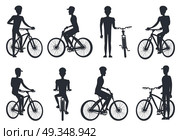 Black Silhouettes of Bicyclist Riding on Bike. Black silhouettes of bicyclist riding on bike, standing near bicyclet, man in helmets and caps set of vector illustrations isolated on white background. Стоковая иллюстрация, агентство Ingram Publishing / Фотобанк Лори
