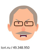 Irritated Facial Expression of Elderly Man Vector. Irritated facial expression of man in flat style on white. Wicked and discontented look of ederly human in black-rimmed glasses opened mouth. Vector illustration of character and face emotions. Стоковая иллюстрация, агентство Ingram Publishing / Фотобанк Лори