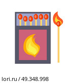 Box of Matches Isolated Illustration on White. Broad dark blue half opened box of matches with purple rectangle and flame on it along with inflamed matchstick isolated vector illustration on white. Стоковая иллюстрация, агентство Ingram Publishing / Фотобанк Лори