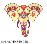 Indian Elephant Head with Bright Ethnic Ornaments. Indian elephant head with bright ethnic ornaments with floral motifs and sharp tusks isolated vector illustration on white background. Стоковая иллюстрация, агентство Ingram Publishing / Фотобанк Лори