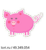 Cute Piggy Cartoon Flat Vector Sticker or Icon. Cute pig cartoon sticker or icon. Funny pink piggy flat vector isolated on white background. Domestic animal or pet illustration outlined with dotted line for game counters, price tags. Cute Piggy Cartoon Flat Vector Sticker or Icon. Стоковая иллюстрация, агентство Ingram Publishing / Фотобанк Лори