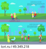 Old People in Park Vector Banner of Mature Couples. Old people in park vector banners set senior lady pushing trolley, mature couples riding bike and grandpa holding grandson, on background of skyscrapers. Стоковая иллюстрация, агентство Ingram Publishing / Фотобанк Лори