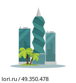 Panama-City Buildings Flat Vector Illustration. Panama-city buildings vector illustration. Skyscrapers in Panama capital. Modern architecture concept with palm trees in flat style design. F F Revolution tower. Isolated on white background. Стоковая иллюстрация, агентство Ingram Publishing / Фотобанк Лори