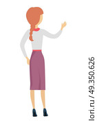 Woman Character Illustration in Flat Design.. Woman character illustration in flat design. Female standing backwards with raised hand. Human pose template for taking thing from shelve, writing on desk, speaking act. Isolated on white. Стоковая иллюстрация, агентство Ingram Publishing / Фотобанк Лори