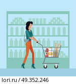 Woman in Supermarket. Woman with shopping cart in supermarket. Woman in brown pants. Woman shopping, supermarket shopping, marketing people, market shop interior, customer in mall, retail store illustration in flat. Стоковая иллюстрация, агентство Ingram Publishing / Фотобанк Лори