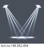 Illumination with Light Effects on Transparency. Illumination with bright light effects on transparent plaid background. Lighting with spotlights. Scene stage disco spotlight lights. Projectors light sources. Glowing glitter. Bright sparkle. Vector. Стоковая иллюстрация, агентство Ingram Publishing / Фотобанк Лори