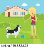 Sanguine Temperament Type Girl with Dog.. Sanguine temperament type girl playing on the yard with her adorable dog. Happy and cheerful woman having fun with pet. Optimistic and social person near native home. Vector illustration in flat style. Стоковая иллюстрация, агентство Ingram Publishing / Фотобанк Лори