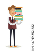 Office worker character vector. Cartoon in flat style design. Young man in suite standing and holding stuck of documents. Paper work, data analyzing Illustration for business concepts, infographics.. Office Worker Character Vector Illustration. . Office Worker Character Vector Illustration. . Стоковая иллюстрация, агентство Ingram Publishing / Фотобанк Лори