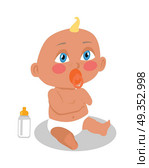 Child with Nipple. Child with nipple sits on the floor. Baby with nipple icon. Baby with milk bottle. Suckling icon. Baby in flat. Isolated vector illustration on white background. Стоковая иллюстрация, агентство Ingram Publishing / Фотобанк Лори