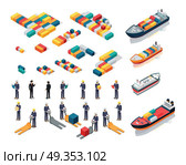 Set of sea port warehouse icons. Isometric projection. Cargo ships, color steel containers, workers in helmets with boxes and hidraulic loaders. For transport, delivery company ad, logo, app design. Collection of Port Warehouse Isometric Icons. Collection of Port Warehouse Isometric Icons. Стоковая иллюстрация, агентство Ingram Publishing / Фотобанк Лори