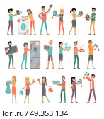 Set of peoples on store sale. Flat design vector. Man and woman happy characters holding different goods with sale stickers on it. Home technic, electronic devices, clothes, perfumes shopping . Set of Peoples on Electronics Store Sale Vector. Set of Peoples on Electronics Store Sale Vector. Стоковая иллюстрация, агентство Ingram Publishing / Фотобанк Лори