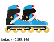 Black and Blue Roller Skate Boots Isolated on White. Roller skates isolated on white. Black and blue roller skate boots. Symbol of recreation activity of young people. Sportive hobby in leisure time. Roller skating icon sign. Vector illustration. Стоковая иллюстрация, агентство Ingram Publishing / Фотобанк Лори