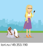 Phlegmatic Temperament Type Girl with Dog.. Phlegmatic temperament type girl walking with her adorable dog. Relaxed and peaceful lady having fun with pet. Thoughtful, calm, patient woman with phone in urban city. Vector in flat style. Стоковая иллюстрация, агентство Ingram Publishing / Фотобанк Лори