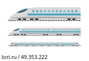 Set of Subway Trains Isolated on White. Vector. Set of subway trains isolated on white. Vehicles carry large number of passengers. High speed inter-city commuter train. Isometric train. Public electric transport. Transportation item. Vector. Стоковая иллюстрация, агентство Ingram Publishing / Фотобанк Лори