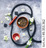 Oriental tobacco hookah with floral jasmine aroma. Smoke hookah with jasmine floral scent.Shisha concept.Modern hookah. Стоковое фото, агентство Ingram Publishing / Фотобанк Лори