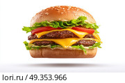 A hamburger with two patties, cheese, lettuce, and tomato. Стоковое AI-изображение, AI-художник Ярославский Максим / Фотобанк Лори
