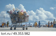 A shopping cart is filled with trash and is on the ground. Стоковое AI-изображение, AI-художник Ярославский Максим / Фотобанк Лори