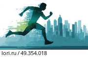 A man running in a city with buildings in the background. Стоковое AI-изображение, AI-художник Ярославский Максим / Фотобанк Лори