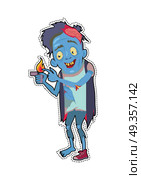 Zombie Isolated. Fictional Being Burning his Finger. Zombie sticker with patch fashion pins character. Fictional being burning his finger and smiling. Funny zombie cooking himself. Halloween science fiction man in flat style. Vector illustration. Стоковая иллюстрация, агентство Ingram Publishing / Фотобанк Лори
