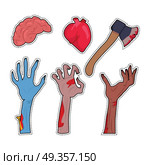 Zombie Hands Sticking out from the Ground Vector. Zombie hands sticking out from ground. Various damaged and dried human limbs appear from grave flat vector. Undead arises on cemetery. Halloween party decor. Fashion patch cartoon 80s-90s comic style. Стоковая иллюстрация, агентство Ingram Publishing / Фотобанк Лори