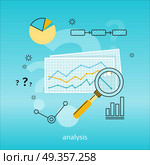 Magnifier with Diagram on Squared Paper. Magnifier with colour diagram on squared paper. Concept of online business, commerce statistics, business analysis, information search. Business blue background with different elements. Стоковая иллюстрация, агентство Ingram Publishing / Фотобанк Лори