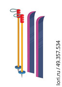Ski and Sticks Isolated. Skiing Gear Set. Vector. Ski and sticks isolated. Skiing gear set. Assortment of skiing equipment. Narrow strip of semi-rigid material worn under foot to glide over snow. For climbing slopes. Used in sport of skiing. Vector. Стоковая иллюстрация, агентство Ingram Publishing / Фотобанк Лори