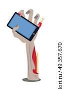 Phone in Broken Zombie Hand Vector Illustration. Broken zombie hand sticking out of the ground with modern mobile phone flat vector isolated on white. Social communications of living dead. Humorous concept of human mass consumerism, halloween party decor. Phone in Broken Zombie Hand Vector Illustration. Стоковая иллюстрация, агентство Ingram Publishing / Фотобанк Лори