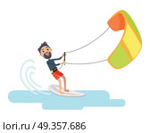 Athlete Takes Part at Kite Surfing Spain Festival. Athlete takes part at kite surfing Spain festival isolated on white. Kitesurfing is style of kiteboarding. Man windsurfing on water surface with air kite. Water sport vector illustration in flat style. Стоковая иллюстрация, агентство Ingram Publishing / Фотобанк Лори