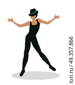 Jazz Dancer Tap Dance, Jitterbug, Swing, Lindy Hop. Jazz dancer in hat and long black suit. Tap Dance, Jitterbug, Swing dance, Lindy Hop, Modern jazz dance. Person entertain public on the fashion show at musical party. Fashion event. Vector. Стоковая иллюстрация, агентство Ingram Publishing / Фотобанк Лори
