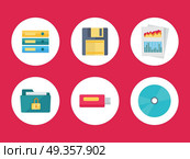 Equipment for Data Storage. Data Recovery. Flat icons for web and mobile applications. Folders floppy disk document with charts secured folder USB flash drive CD or DVD disk. Equipment for data storage. Data recovery. Vector in flat style. Стоковая иллюстрация, агентство Ingram Publishing / Фотобанк Лори
