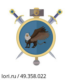 Griffin Avatar Icon. Griffin with axes, isolated avatar icon. Legendary creature with the body, tail, and back legs of a lion, head and wings of an eagle. Game object in flat design isolated on white background. Стоковая иллюстрация, агентство Ingram Publishing / Фотобанк Лори