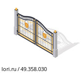 Iron Gate Opens and Closes from Middle Isolated. Iron gates opens and closes from the middle isolated on white. Fence with columns. Isometric projection. Metal gates, wrought iron, lattice and golden gates and fences for yard. Flat style. Vector. Стоковая иллюстрация, агентство Ingram Publishing / Фотобанк Лори