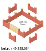 Iron Fence with Brick Columns Isolated on White. Iron fence with brick columns isolated on white. Gate with wicket in flat style design. Isometric projection. Metal gates, wrought iron, lattice gates and fences for yard. Vector illustration. Стоковая иллюстрация, агентство Ingram Publishing / Фотобанк Лори