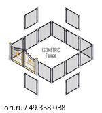 Isometric Fence in Light Colors Isolated on White.. Isometric fence in light colors isolated on white. No solid fence. Iron gate open and close from middle. Fence with columns. Metal, wrought iron, lattice gates and fences for yard. Flat style. Vector. Стоковая иллюстрация, агентство Ingram Publishing / Фотобанк Лори