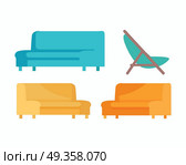 Set of Luxury Sofas and Armchair. For Modern Room. Set of luxury sofas and armchair. For modern room reception or lounge. Sofa in flat design. Living room house furniture. Detailed model illustration. Divan couch settee realistic objects. Vector. Стоковая иллюстрация, агентство Ingram Publishing / Фотобанк Лори