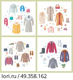 Outerwear Mens and Womens Set of Clothes Accessory. Outerwear mens and womens set of clothes and accessories bags and shoes set. Autumn winter collection. Stylish fashionable designers clothes. Best world brand trends. New collection. Vector. Стоковая иллюстрация, агентство Ingram Publishing / Фотобанк Лори