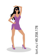 Dancer woman vector illustration. Flat Design. Beautiful brunet woman character template in sexy dress dancing. For celebrating, party concepts, dancing club ad. Isolated on white background.. Dancing Woman Vector Illustration in Flat Design. Dancing Woman Vector Illustration in Flat Design. Стоковая иллюстрация, агентство Ingram Publishing / Фотобанк Лори