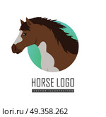 Horse Vector Illustration in Flat Design. Horse flat style vector logo. Domestic animal. Country inhabitants concept. Illustration for farming, animal husbandry, horse sport companies. Agricultural species. Isolated on white. Стоковая иллюстрация, агентство Ingram Publishing / Фотобанк Лори