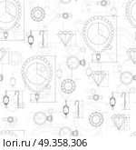 Jewelry Production Sketch Seamless Pattern.. Jewelry production sketch seamless pattern. Hand drawn sketch of ring, necklace, earrings, precious stone. Draft outline of diamond units collection. Project of brilliant elements. Vector. Стоковая иллюстрация, агентство Ingram Publishing / Фотобанк Лори