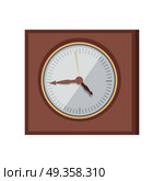 Wall clock vector in flat style design. Elegant classic square chronograph in wooden body.  Antique interior element. Time measure and chronology concept. Isolated on white background. Wall Clock Vector Illustration in Flat Design . Wall Clock Vector Illustration in Flat Design . Стоковая иллюстрация, агентство Ingram Publishing / Фотобанк Лори