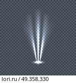 Illumination with Light Effects on Transparency. Illumination with bright light effects on transparent plaid background. Lighting with spotlights. Scene stage disco spotlight lights. Projectors light sources. Glowing glitter. Bright sparkle. Vector. Стоковая иллюстрация, агентство Ingram Publishing / Фотобанк Лори