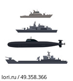 Naval Ships Set Military Ship or Boat Used by Navy. Naval ships set. Military ship or boat used by navy. Damage resilient and armed with weapon systems. Armament troop transport. Naval warfare. Termed warships to support shipyard operations. Vector. Стоковая иллюстрация, агентство Ingram Publishing / Фотобанк Лори
