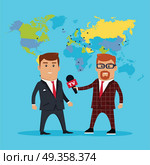 Breaking News Concept Vector Illustration. Interview on the background of the world map. Breaking news concept vector illustration in flat style design. TV reporter with microphone in hand is to interview experts, politicians, businessmen. Стоковая иллюстрация, агентство Ingram Publishing / Фотобанк Лори