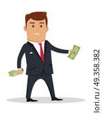 Man Character With Money Vector Illustration. Male character with bundle of money vector. Flat style design. Smiling man in business suit standing and holding dollar banknotes. Investment, wages, income, credit, savings, charity concept. Стоковая иллюстрация, агентство Ingram Publishing / Фотобанк Лори