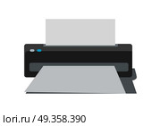 Printer with paper vector in flat style. Office equipment. Personal documents and photo printing. Illustration for computer peripherals shop advertising. Isolated on white background. Printer Vector Illustration in Flat Style Design  . Printer Vector Illustration in Flat Style Design  . Стоковая иллюстрация, агентство Ingram Publishing / Фотобанк Лори