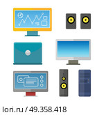 Set of computer peripherals illustration in flat style. Monitor, laptop, computer, column speaker illustration for  technological concept, web, app, icons, logo design. Isolated on white background.  . Set of Computer Peripherals Illustrations.. Set of Computer Peripherals Illustrations. Стоковая иллюстрация, агентство Ingram Publishing / Фотобанк Лори